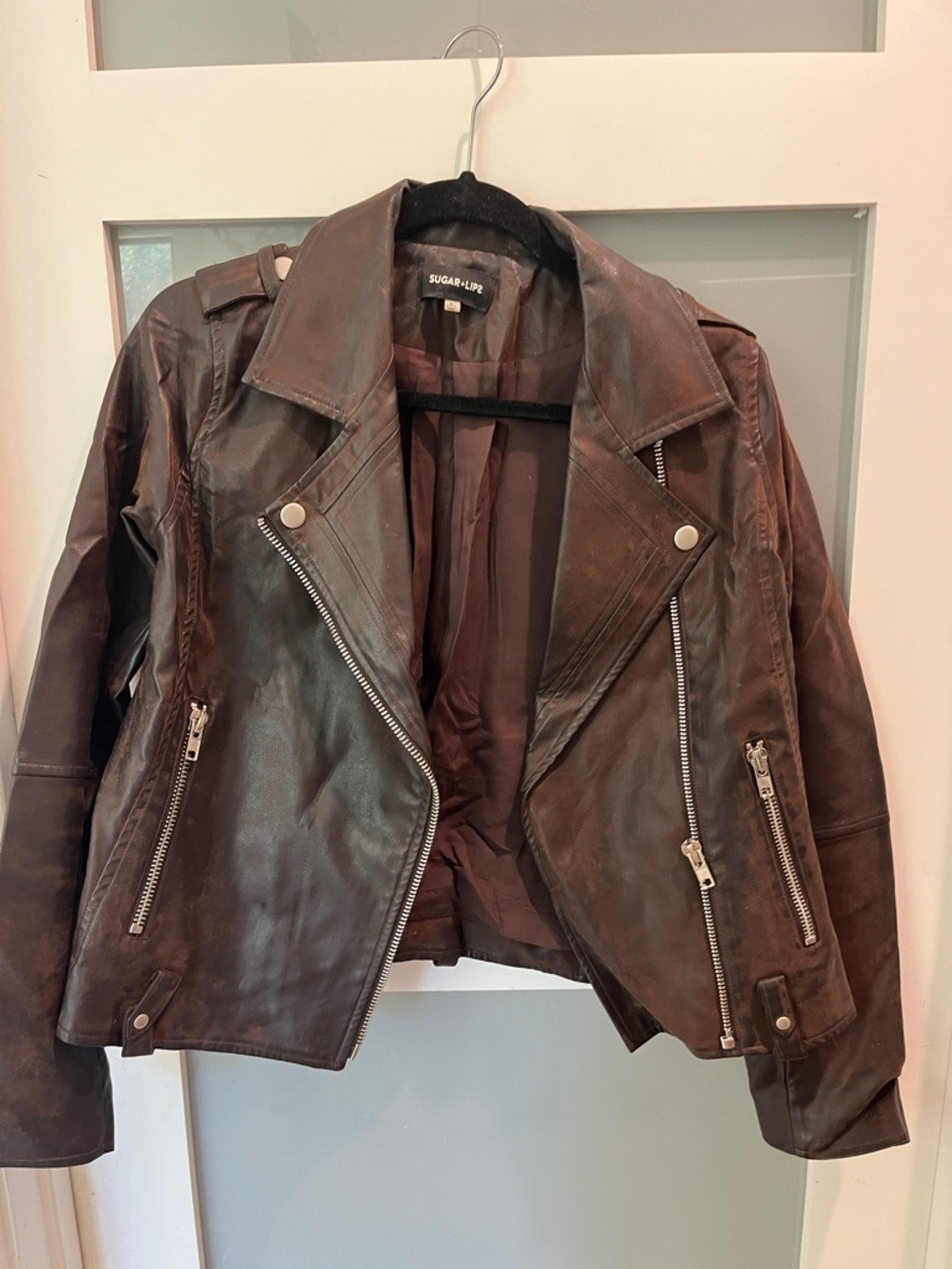 Sugarlips Chocolate Brown Vegan Leather Moto Jacket with Silver Hardware